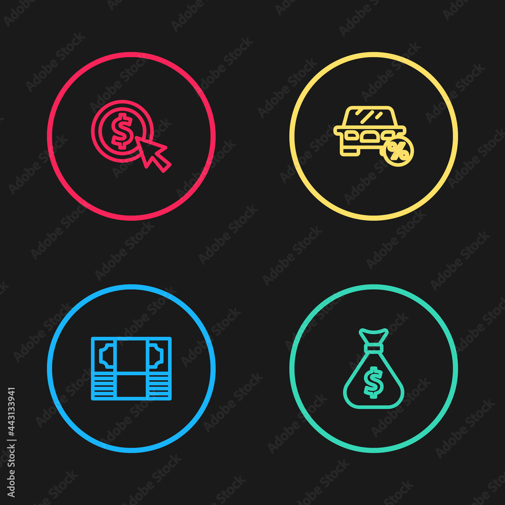 Set line Stacks paper money cash, Money bag, Car leasing percent and Coin with dollar icon. Vector Set line Stacks paper money cash, Money bag, Car leasing percent and Coin with dollar icon. Vector
