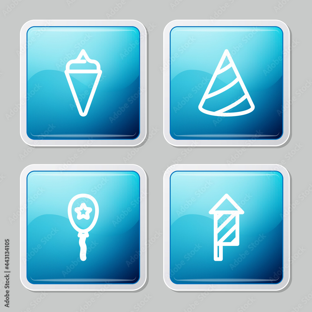 Set line Ice cream in waffle cone, Party hat, Balloon with ribbon and Firework rocket icon. Vector Set line Ice cream in waffle cone, Party hat, Balloon with ribbon and Firework rocket icon. Vector