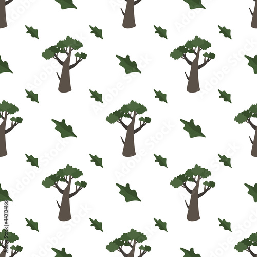 Seamless pattern with green trees. Forest plants, natural print of oak thickets and flying leaves.