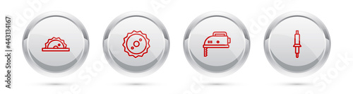 Set line Electric circular saw, Circular blade, jigsaw and Soldering iron. Silver circle button. Vector
