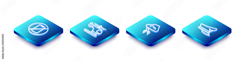 Set Isometric line No cell phone, Helicopter, Storm and Pilot hat icon. Vector Set Isometric line No cell phone, Helicopter, Storm and Pilot hat icon. Vector