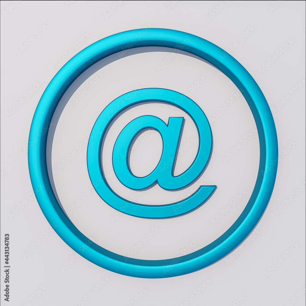 Close up front view of blue metallic icon at sign @ on white background. Close up front view of blue metallic icon at sign @ on white background.