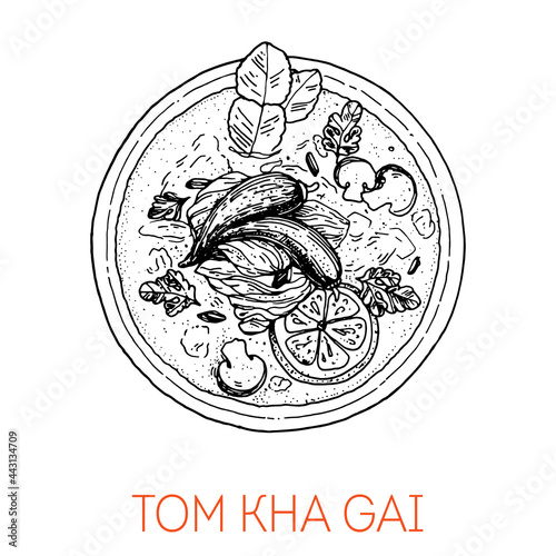 Tom Kha Gai, thai food. Chicken coconut soup. Hand drawn vector illustration. Sketch style. Top view. Vintage vector illustration.