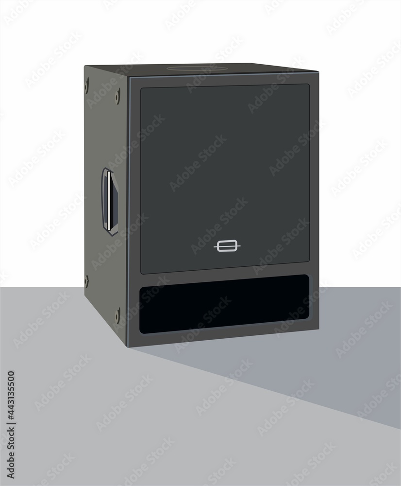 Active subwoofer, realistic vector illustration. Low purity box. Powerful bass machine. Sound pressure. Material for riders, artists and musicians. Musical theme. Studio and concert equipment. Active subwoofer, realistic vector illustration. Low purity box. Powerful bass machine. Sound pressure. Material for riders, artists and musicians. Musical theme. Studio and concert equipment.