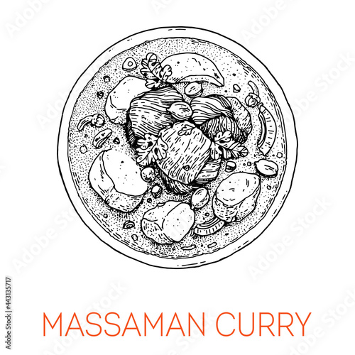 Chicken massaman curry, thai food. Hand drawn vector illustration. Sketch style. Top view. Vintage vector illustration.