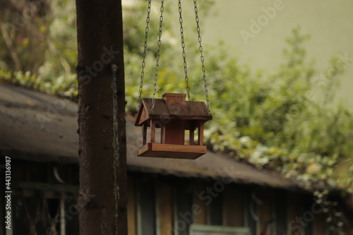 mały karmnik dla ptaków zawieszony na drzewie w ogrodzie