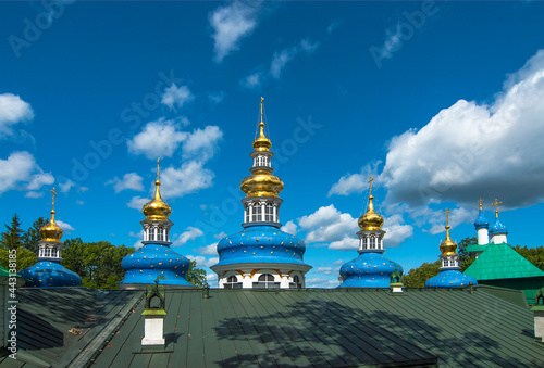 The city of Pechora. Russia. Uspensky Pskov-Pechersk Monastery. The roof and domes of the Intercession Church, built over the Assumption Cave Church