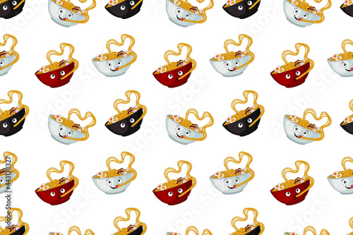 Vector Ramen Seamless Pattern Template, Red, Black and White Bowls, Cute Characters, Plates Eating Noodle.
