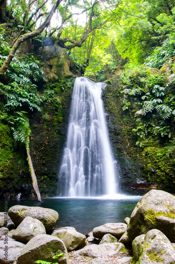 Fototapeta premium Beautiful secret wild waterfall in a green jungle environment in Azores islands.