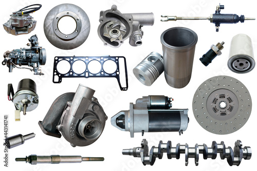 Big collection of mechanical auto parts for maintenance and car repair. Set with many isolated items for shop or aftermarket.