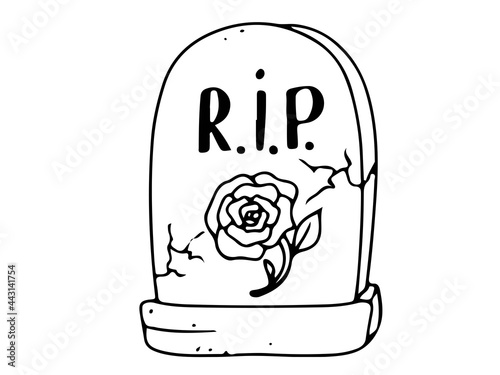 Tombstone. Monument from the cemetery is an element of decoration for Halloween. Coloring. Gloomy Doodles. Vector illustration isolated on white background