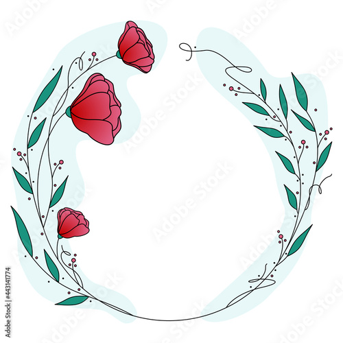 Dekoracyjna ramka z czerwono różowymi kwiatami i zielonymi listkami w stylu akwarelowym na karty, voucher, życzenia i zaproszenia ślubne.