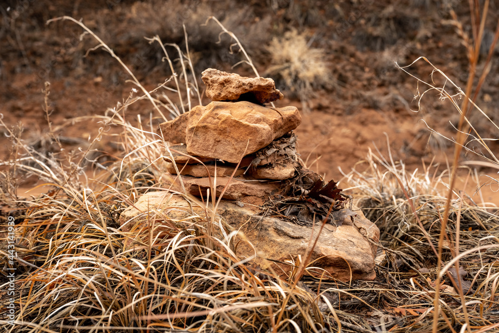 Rock Cairn Sits On A Grassy High Point In The Dry Wash Rock Cairn Sits On A Grassy High Point In The Dry Wash