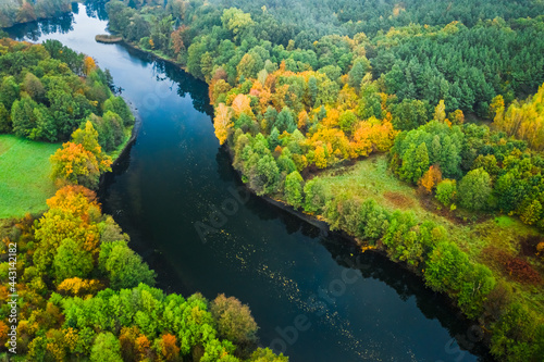 River and autumn forest. Aerial view of nature in Poland