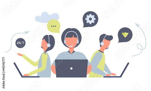 Customer service workers with headsets and laptops service or consult customers on computers.Hotline operators work 24/7, global online technical support, Call center, call processing system. Vector