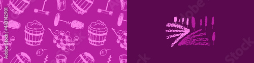 Banner homemade wine. Vector symbol classic winemaking. House wine label, template badge. Wine tasting poster. Drawings of wood barrel, bunch grape, corkscrew. Logo winery field. Winery field emblem.