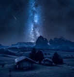 Milky way and Alpe di Siusi in Dolomites in Italy