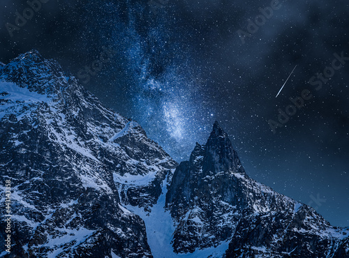 Milky way over mountain lake. Night sky in winter.