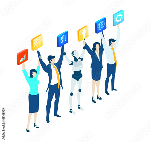 Isometric 3D business environment, with business people who holding up communicative icons. New ideas, support, help and work together as a team.  People and robots working together