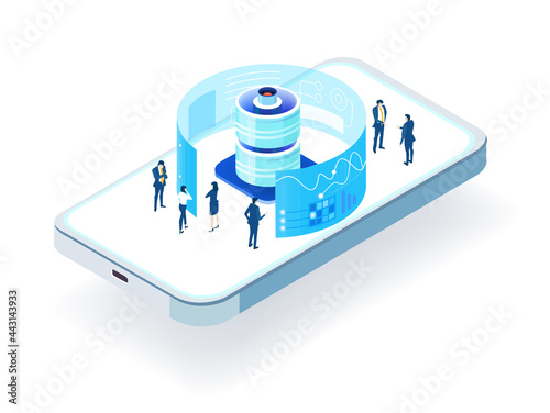 Data center concept with business people. Isometric working space, business people working together in server room, analysing data, solving problems, find solutions. Support idea