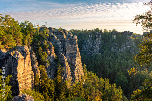 Amazing sunrise over the karst mountains of Saxon Switzerland Germany