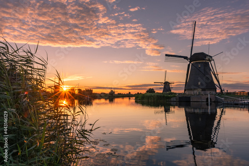 Amazing sunset over the windmills of Kinderdijk, Netherlands