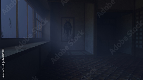 horror room with a window and traces of blood 3d-illustration 3d-rendering