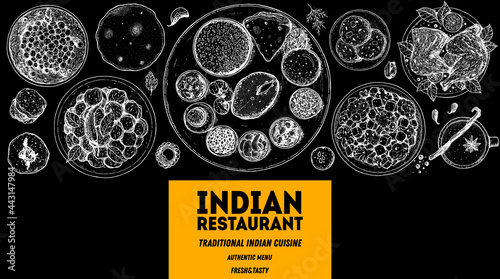 Indian food illustration. Hand drawn sketch. Indian cuisine. Vector illustration. Menu background. Engraved style.