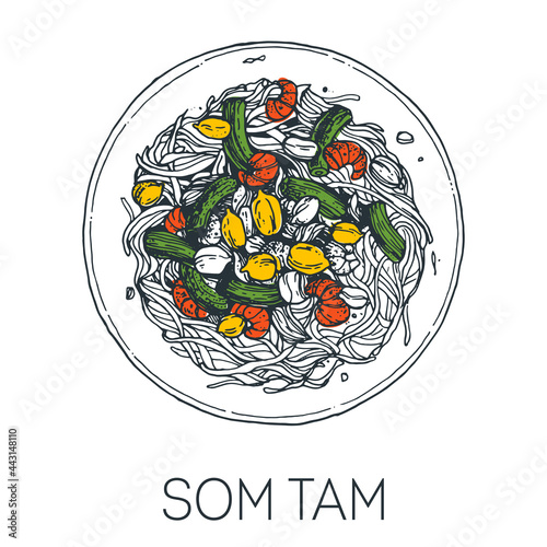 Som tam, spicy papaya salad, thai food. Hand drawn vector illustration. Sketch style. Top view. Vintage vector illustration.