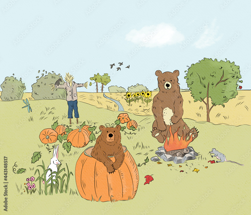 Children's illustration of bears in a pumpkin patch. 
