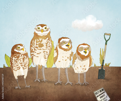 Children's illustration of a Burrowing Owl family in the garden.  photo