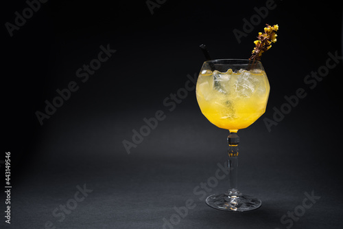 luxury gin hass orange cocktail drink with ice in glass on black background photo