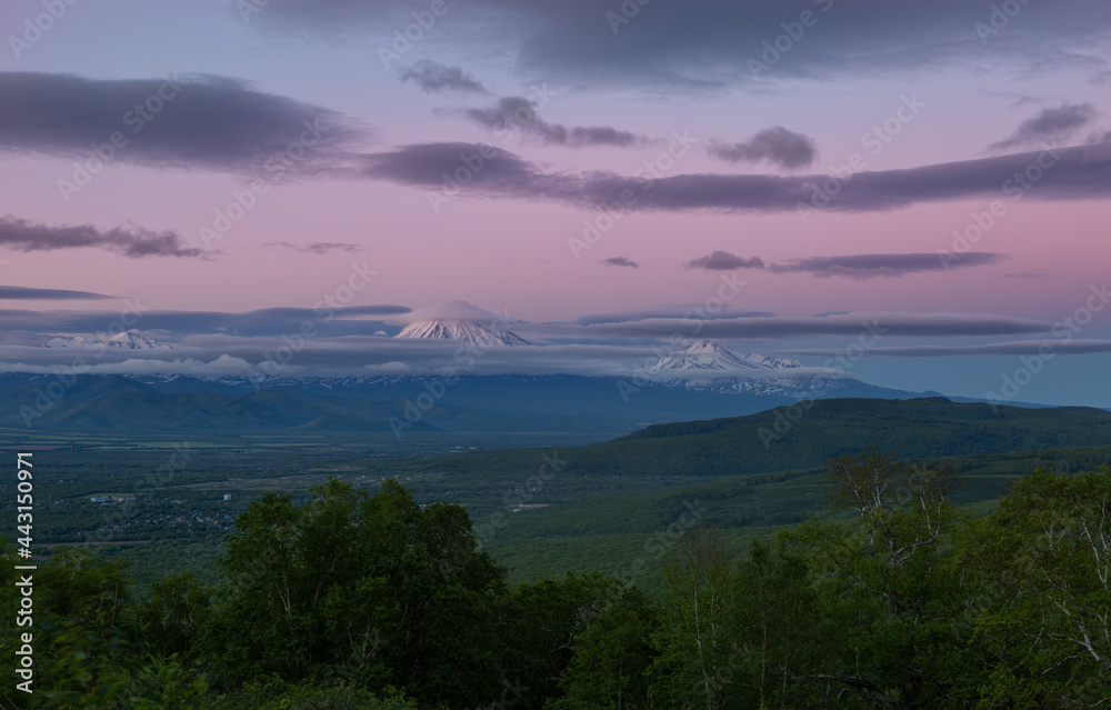 Kamchatka, volcanoes Koryaksky and Avachinsky at sunset
