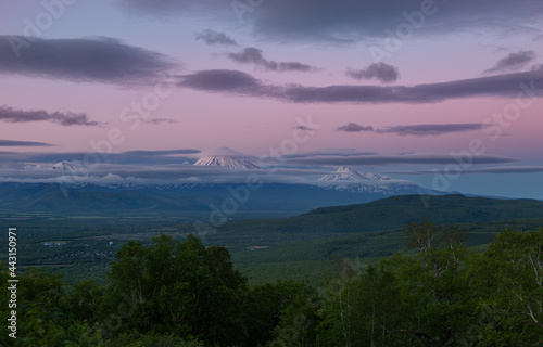 Kamchatka  volcanoes Koryaksky and Avachinsky at sunset