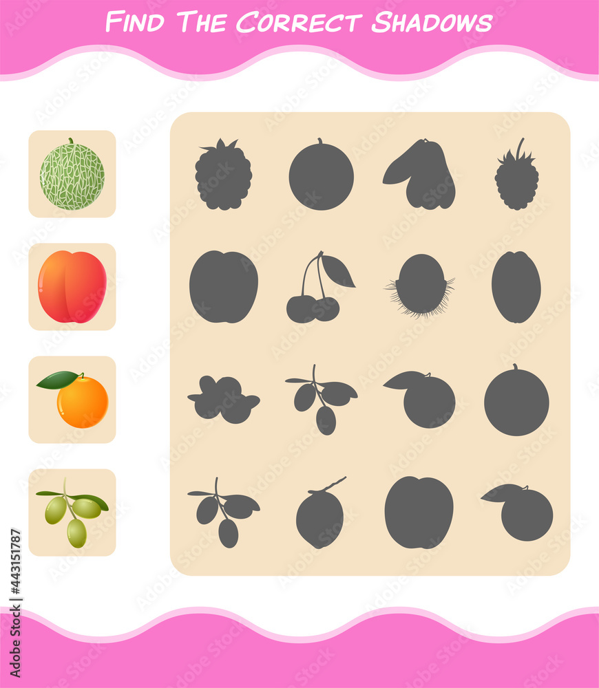 Find the correct shadows of cartoon fruits. Searching and Matching game. Educational game for pre shool years kids and toddlers Find the correct shadows of cartoon fruits. Searching and Matching game. Educational game for pre shool years kids and toddlers