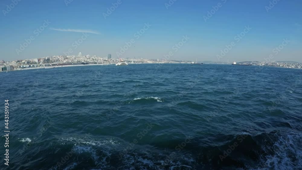 ISTANBUL - FEBRUARY 22, 2021: View from the ferry on the European and Asian sides of Istanbul. Ultra wide shot, 4K ISTANBUL - FEBRUARY 22, 2021: View from the ferry on the European and Asian sides of Istanbul. Ultra wide shot, 4K