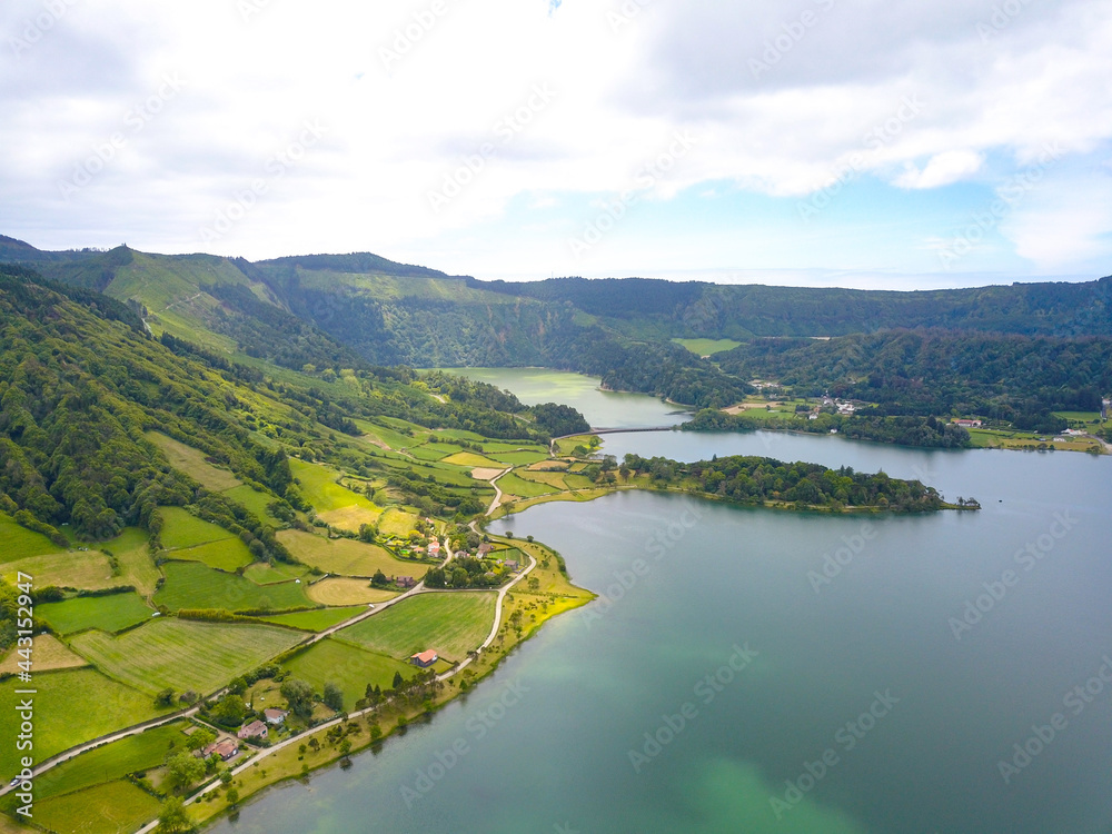 Aerial drone shot of sete cidades lakes in Sao Miguel, Azores.