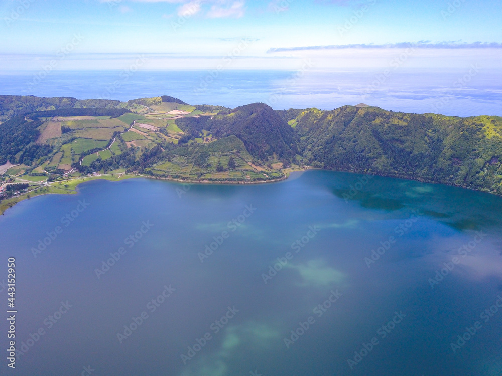Aerial drone shot of sete cidades lakes in Sao Miguel, Azores.