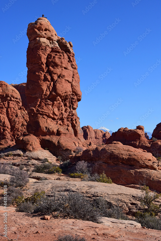 a dramatically-eroded  tower n a sunny day in arches national park, near moab, utah 