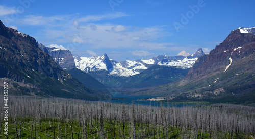 spectacular panorama of fusillade mountain, gunsight ridge, reynolds mountain, st. mary lake and forest fire damage in glacier national park, montana, on a sunny day 