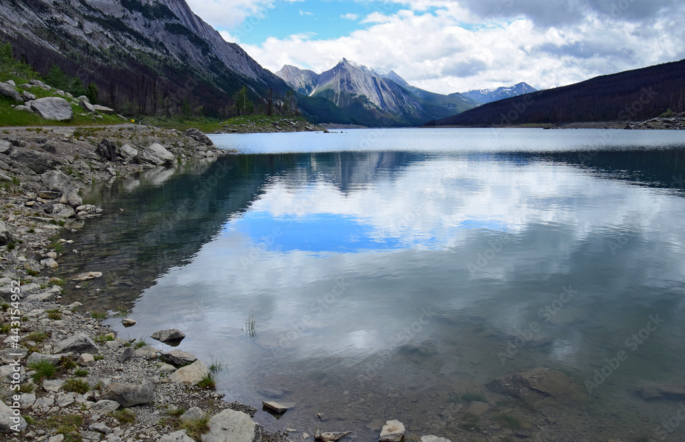 idyllic scene of mountains and medicine lake  in jasper national park, alberta, canada 