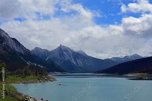 idyllic scene of mountains and medicine lake in summer in jasper national park, alberta, canada 