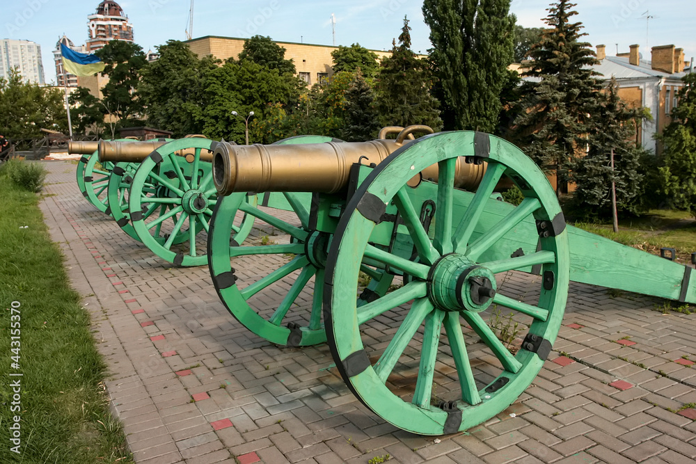 Old cannons in Kyiv fortress, complex of fortification buildings in down town of Kyiv, Ukraine. July 2008