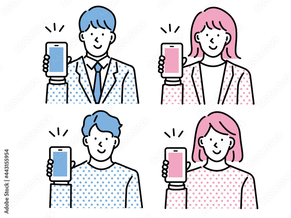 スマホを持つ男女のイラスト スマートフォン決済 アプリ Sns キャッシュレス キャッシュレス オンラインショッピング Qrコード Smartphone Payment Apps Sns Cashless Cashless Online Shopping Qr Code Stock Vector Adobe Stock
