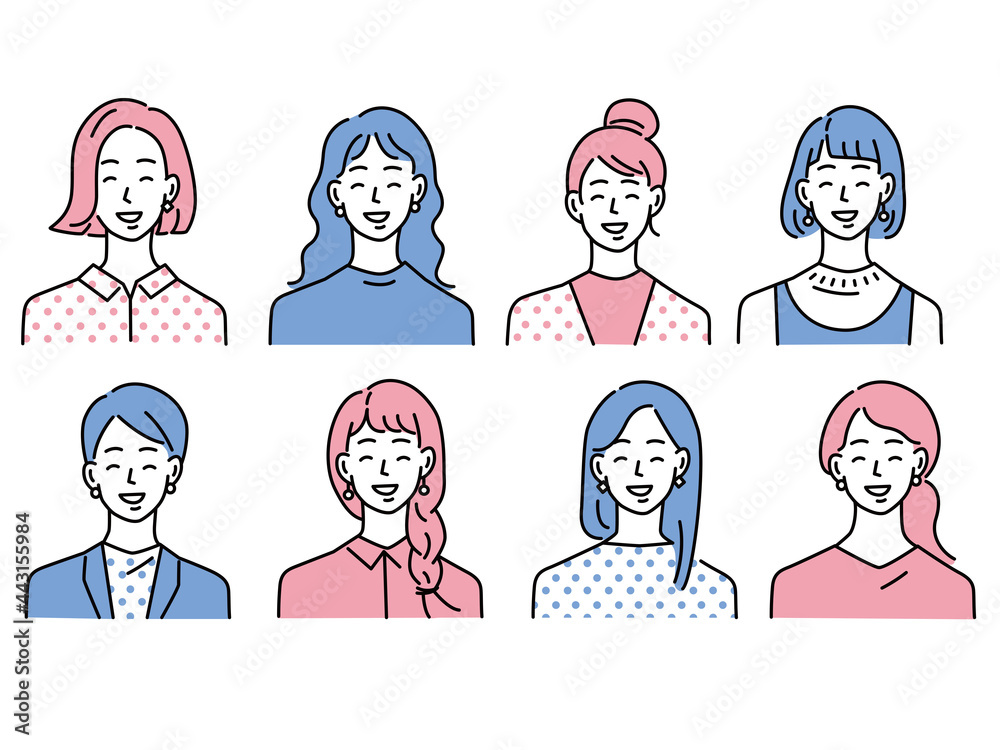 人物アイコンイラスト(女性、10代、20代、ファッション、髪型、若者、 顔パターン) Person icon illustration .female, male, fashion, hairstyle, youth, face pattern 人物アイコンイラスト(女性、10代、20代、ファッション、髪型、若者、 顔パターン) Person icon illustration .female, male, fashion, hairstyle, youth, face pattern