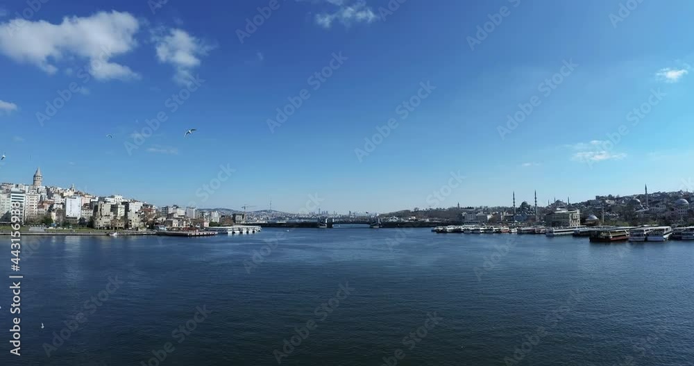 ISTANBUL - FEBRUARY 21, 2021: Panoramic view from Golden Horn Metro Bridge on Istanbul, Turkey. Wide shot, pan. ISTANBUL - FEBRUARY 21, 2021: Panoramic view from Golden Horn Metro Bridge on Istanbul, Turkey. Wide shot, pan.