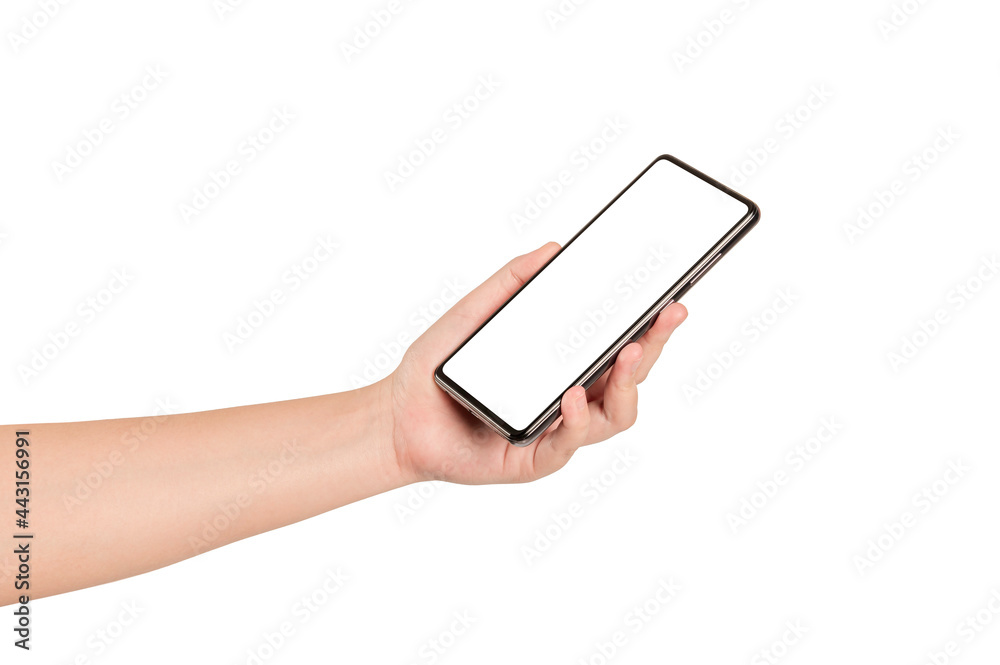 Woman hand holding mobile phone on white background. Woman hand holding mobile phone on white background.