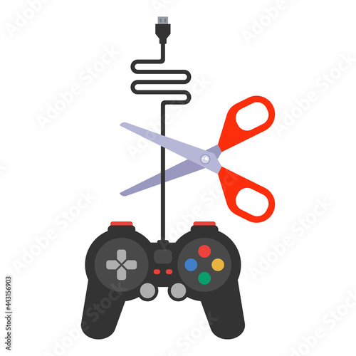 ruin the gamepad by cutting the wire with scissors. flat vector illustration.