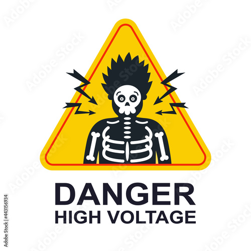 yellow sticker caution high voltage. electric shock by a person. flat vector illustration.