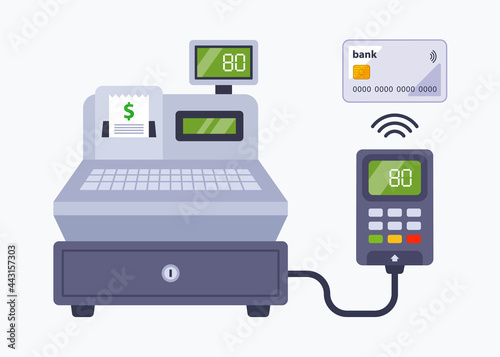 payment in the store using a bank card. contactless payment through a cash register in a supermarket. flat vector illustration.